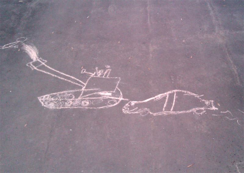 Танк и машина, рисунок на асфальте
